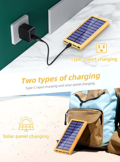 BamBoost Solar Charger Power Bank Bamboo Design - 36800mAh Power Bank, Portable Charger Eco Friendly External Battery Pack PD 22.5W and QC 3.0 Fast Charging Super Bright Flashlight Phone Charger