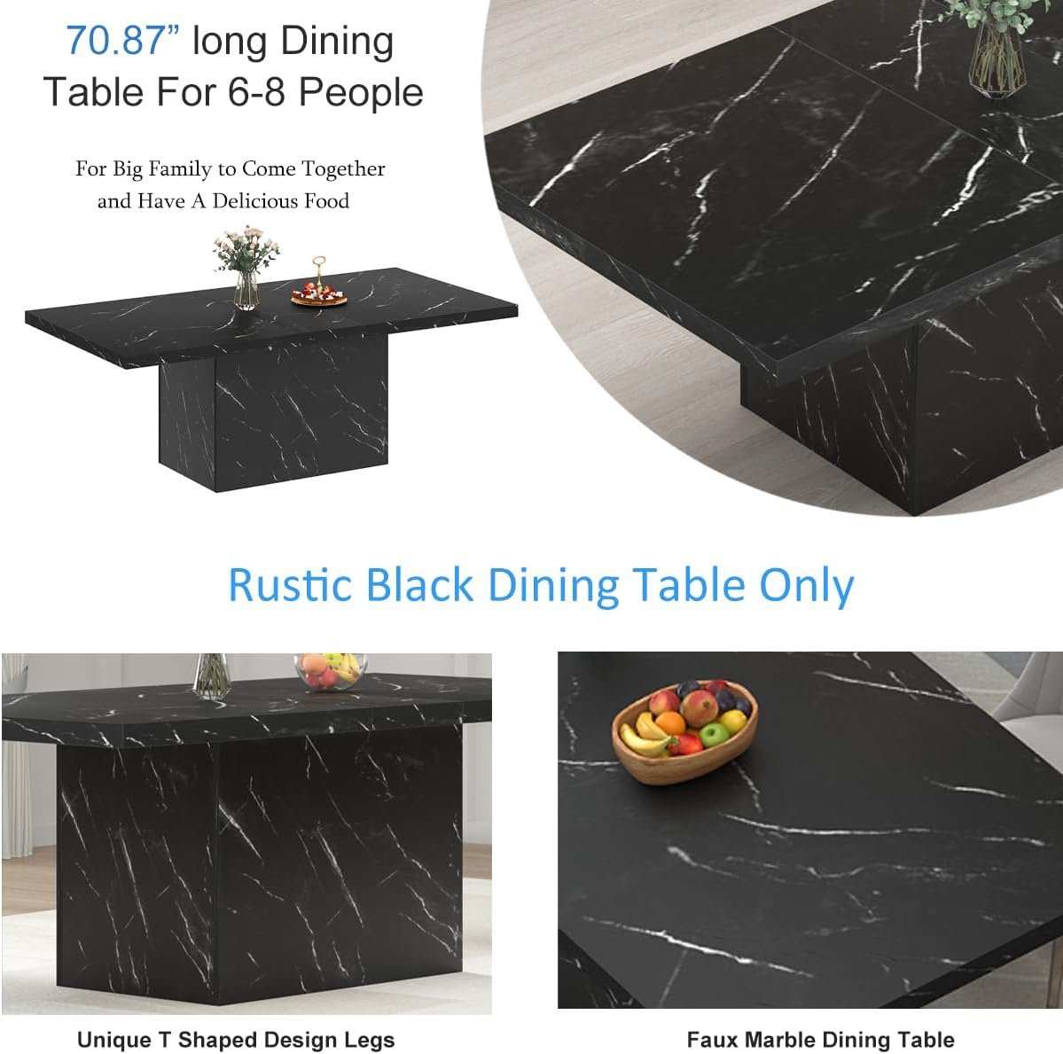 HSH 71” Black Dining Table for 6-8, Rectangle Modern Faux Marble Dinner Table, Large Dining Room Table for Kitchen Living Room, Industrial Wood Kitchen Table with Sturdy Base, Black, 71 Inch