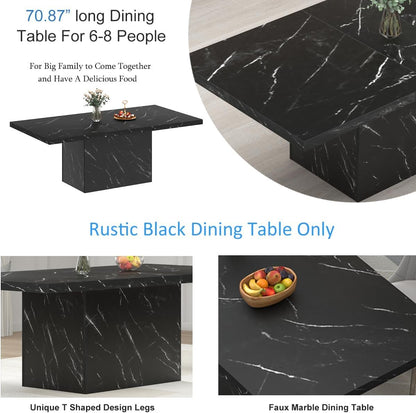 HSH 71” Black Dining Table for 6-8, Rectangle Modern Faux Marble Dinner Table, Large Dining Room Table for Kitchen Living Room, Industrial Wood Kitchen Table with Sturdy Base, Black, 71 Inch