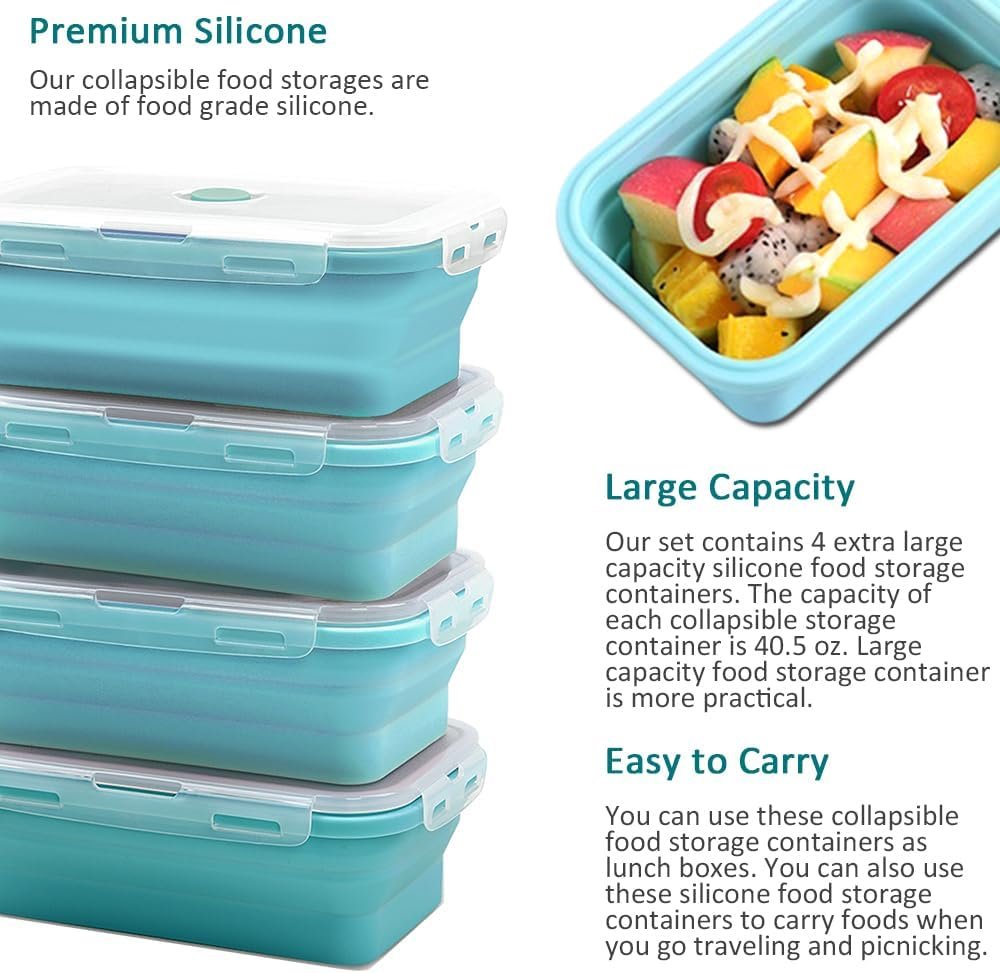 Alimat PluS 40.5oz Silicone Food Storage Containers with Lids, 4 Pack Set 1200ml Collapsible Meal Prep Lunch Containers, Microwave, Freezer and Dishwasher Safe