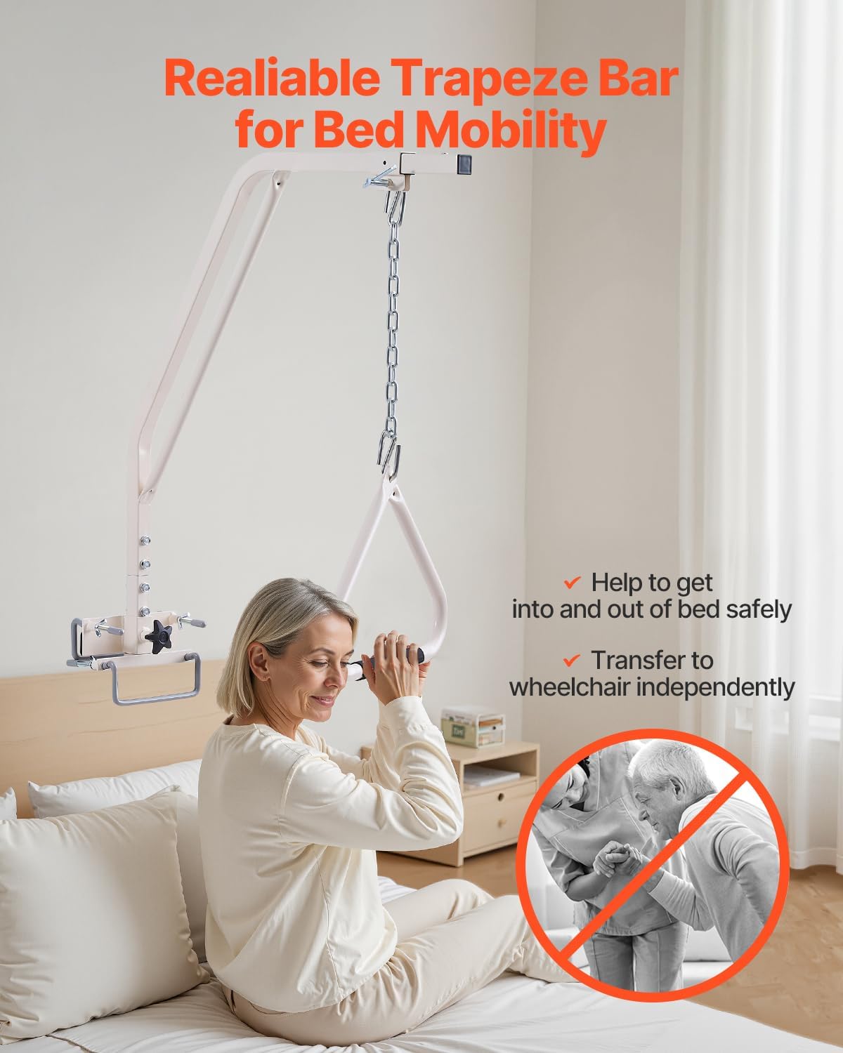 VEVOR Mobility Bed Trapezoid Bar with Clamps and Metal Chain, Assistance Bar for Elderly and Disabled - Ideal for Home Care, Hospitals, Nursing Homes