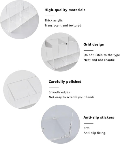 QPEY Acrylic Pen Holder 4 Compartments,Clear Pen Holder Organizer Makeup Brush Holder for Office Desk Accessories,Cosmetic Brush Storage Box,Dorm,Bathroom,Kitchen (Clear)