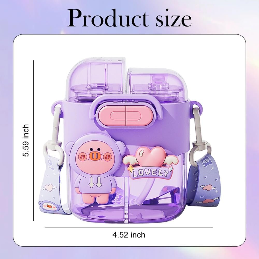 Chris. W Kawaii Water Bottle for Girls, 20oz Cute Water Bottles with Straw and Adjustable Strap, Two Different Drinks in One Cup, Cute Bunny Bottle with Bear and Heart for School Sport Travel, Purple