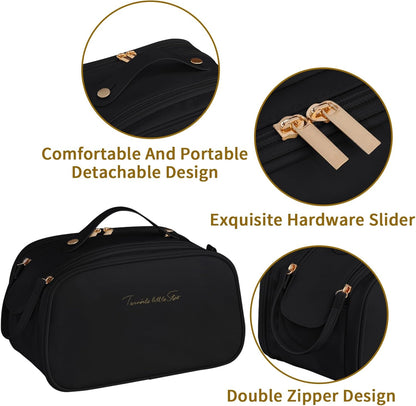 Ogetok Leather Makeup Bag for Women, Portable Travel Cosmetic Bags Zipper Make Up Pouch for Ladies Woman, Large Toiletry Organizer Bag for Toiletries Cosmetics Accessories, Black
