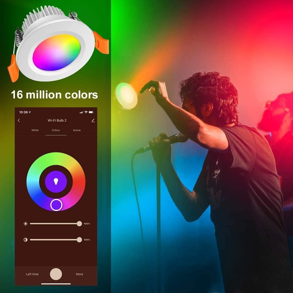 YGS-Tech Smart 2 Inch LED Recessed Lighting RGB WiFi Downlight, 5W Compatible with Alexa and Google Home, Dimmable RGB & CCT 2700-6500K Color Changing, 120V LED Ceiling Light with Driver (1 Pack)