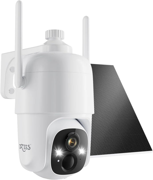 Dzees Solar Security Cameras Wireless Outdoor, 2K Battery Powered Security Camera, 360Â° PTZ Camera with Spotlight, Siren, Color Night Vision, AI Dectection, IP66 for Home Security, 2.4GHz