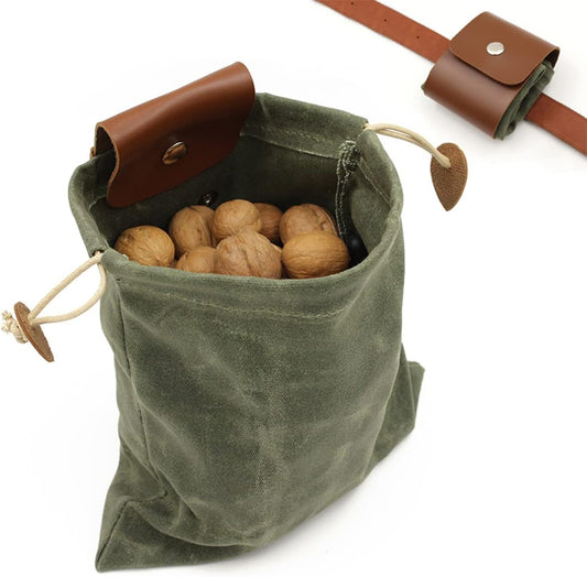 Asenie Foraging Bag Waxed Canvas Collapsible Outdoor Camping Foraging Pouch Mushroom Storage Water Resistant Leather Bushcraft Belt Tinder Dump Pouchs Brown for Travel Camping Hiking (Bag Only)