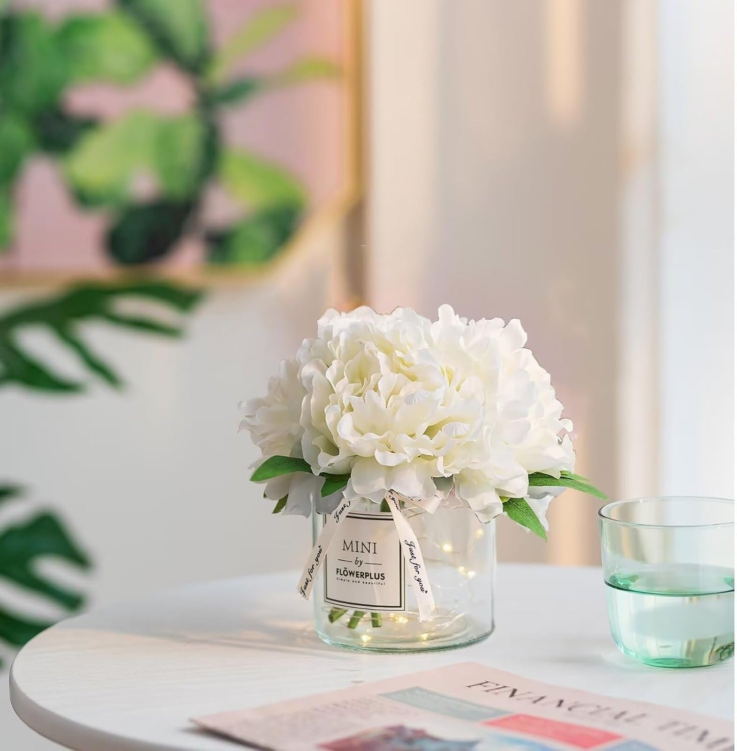White Fake Flowers with Vase: Blosmon Small Coffee Table Decor Bathroom Peony Faux Flowers in Vase Office Desk Shelf Home Living Room Bedroom Vanity nightstand Decorations Floral Arrangement