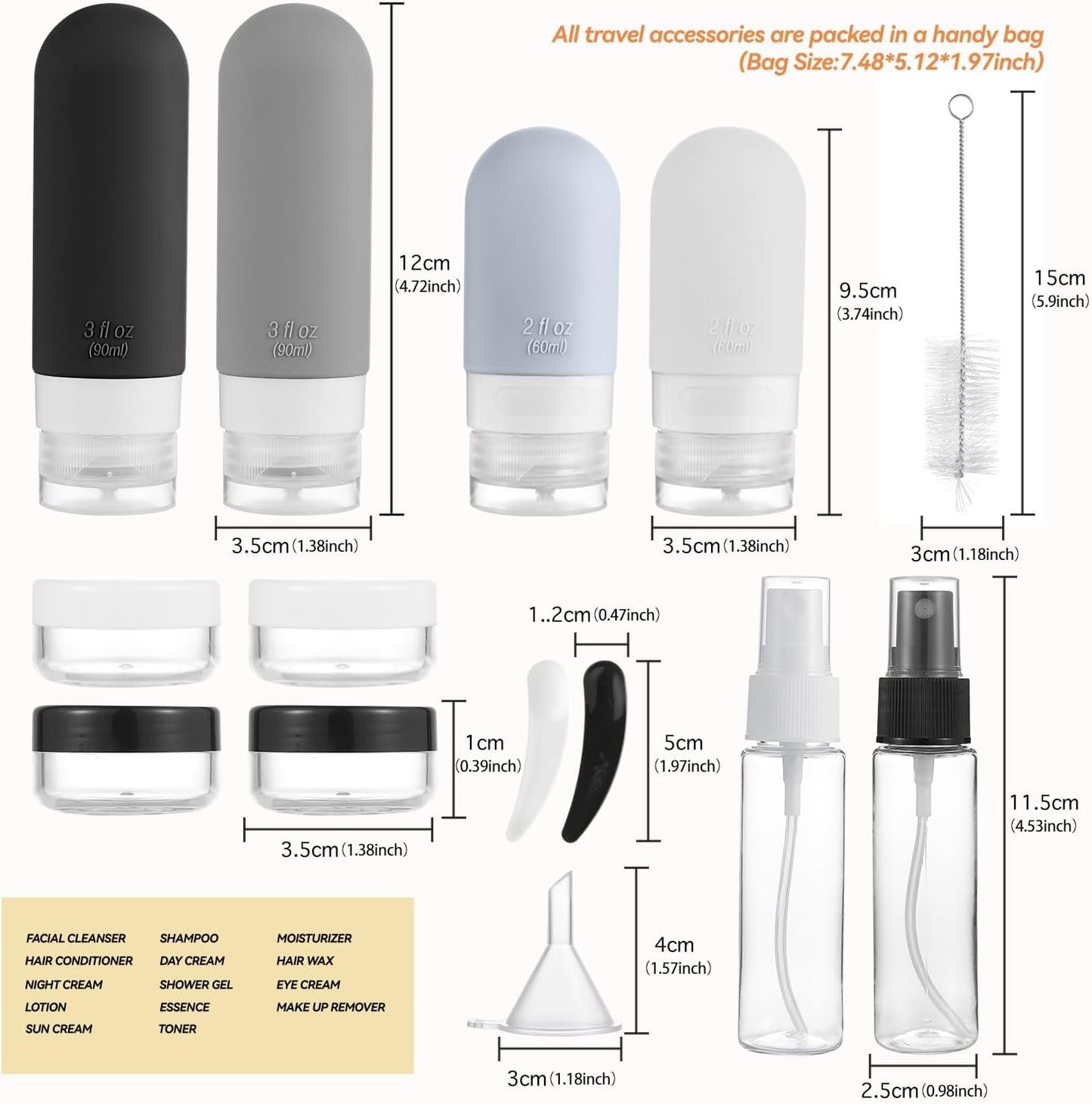 DEPOZA 16 Pack Travel Bottles Set - TSA Approved Leak Proof Silicone Squeezable Containers for Toiletries, Conditioner, Shampoo, Lotion & Body Wash Accessories (16 pcs/Black Pack)