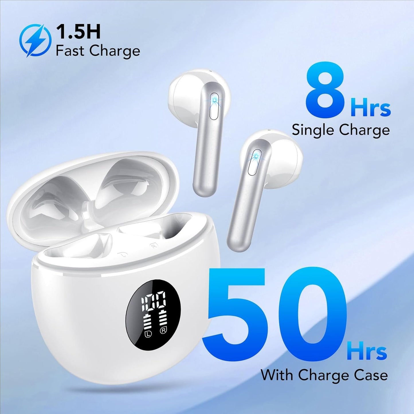 Wireless Earbuds, Bluetooth 5.4 Headphones with 4 ENC Noise Cancelling Mic, Deep Bass, IP7 Waterproof, 50H Playtime, LED Display, in Ear Earphones for Phone, Tablet, Laptop, Sports, White