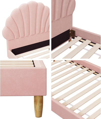 Oikiture Bed Frame Single with Scallop-Shape BedHead Pink Velvet Single Bed