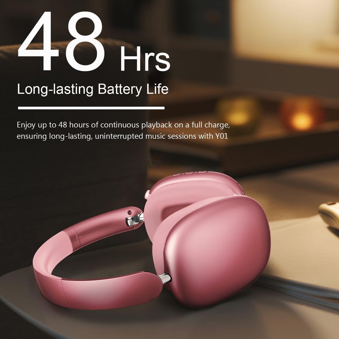 Wentronic Y01 Wireless Over Ear Headphones, Noise Canceling Bluetooth 5.3 Headphones with Microphones,Hi-Res Audio,48H Playtime,Foldable,Breathable Soft Earpads for iOS/Android/Samsung/PC-Pink