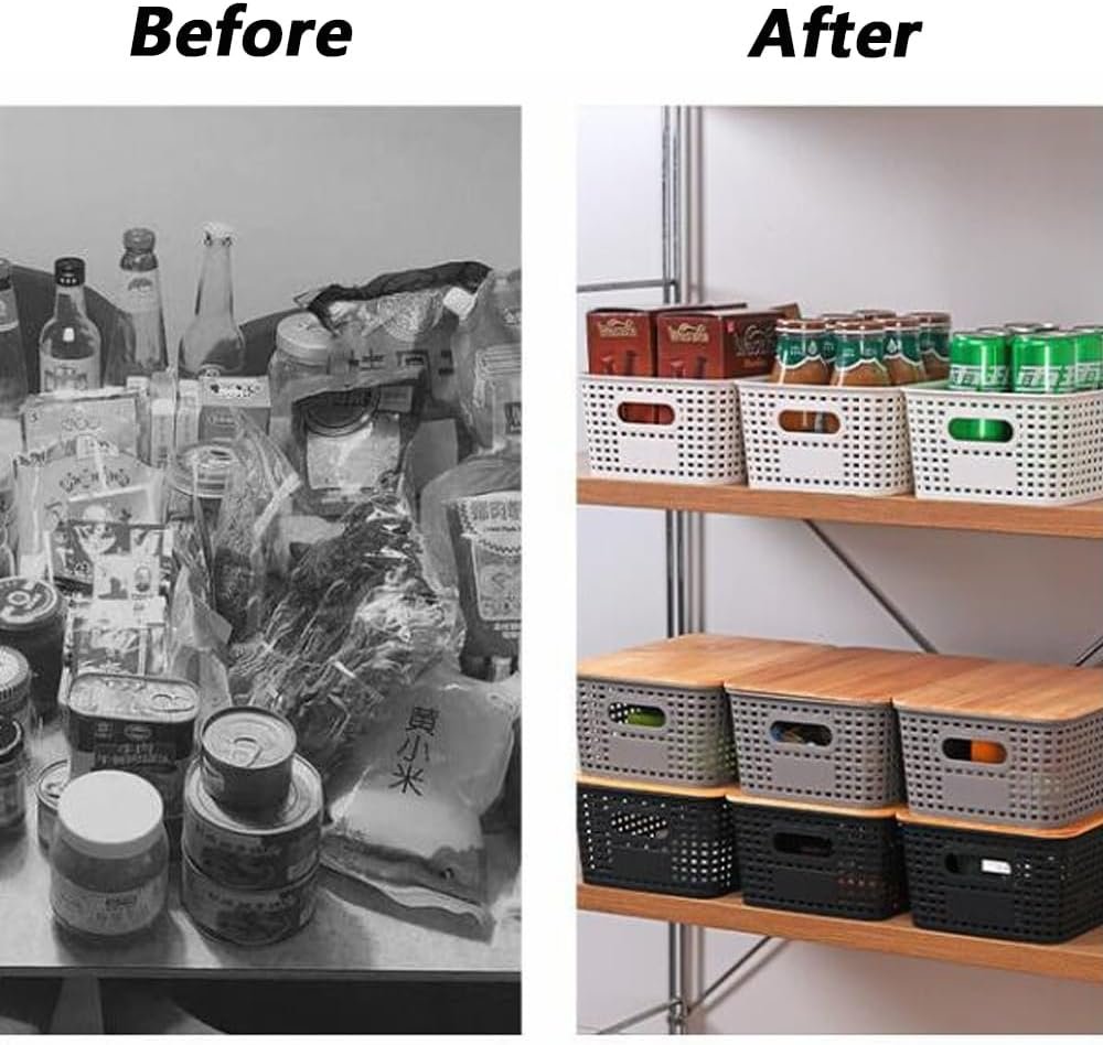 6 pcs Storage Bins with Bamboo Lids - Plastic Storage Containers with Lids Stackable Storage Box Baskets for Organizing Shelves Drawers Desktop Closet Office