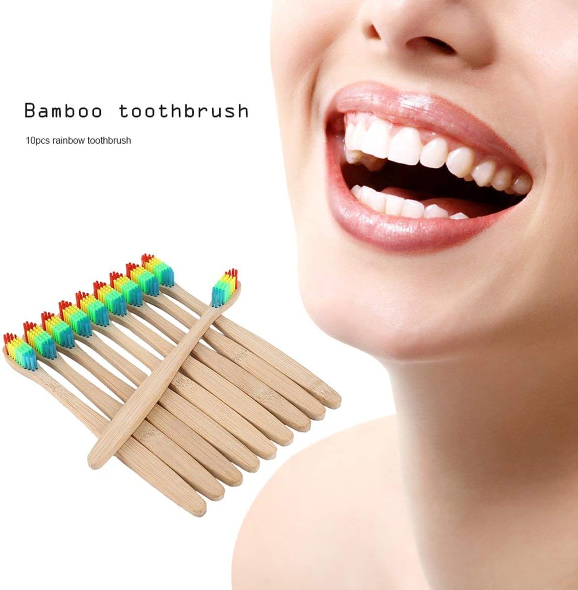 Colorful Hair + Bamboo Handle Toothbrush Environment Wooden Rainbow Bamboo Toothbrush Oral Care Soft Bristle Unisex - Wood Color+Colorful