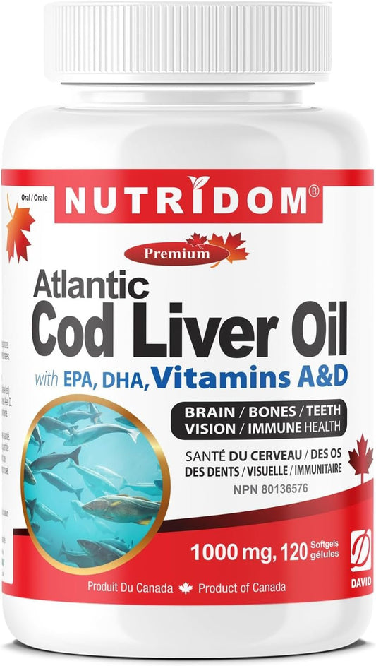NUTRIDOM Atlantic Cod Liver Oil 1000 mg – 120 Fish Gelatin Softgels – Rich in EPA, DHA, Vitamins A & D – Non-GMO, Gluten-Free, Made in Canada