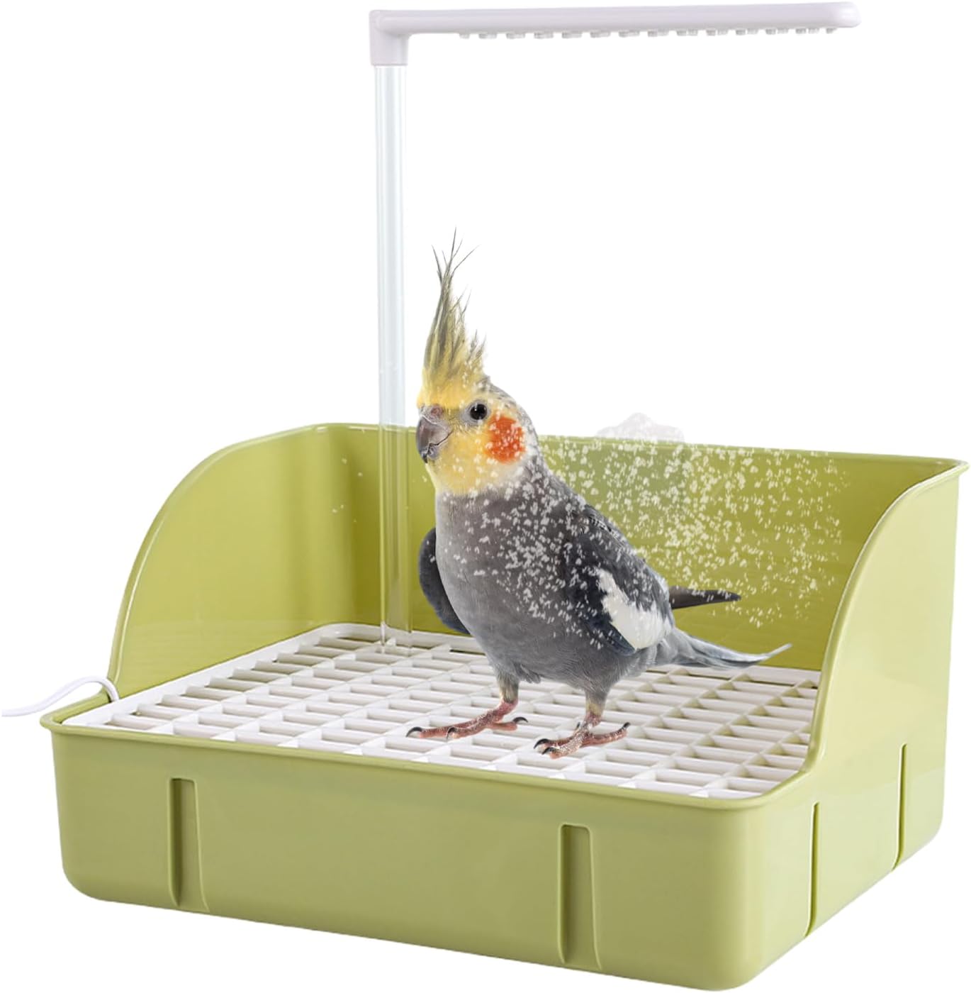 Automatic Water Circulation Parrot Shower, Electric Bird Bathtub, Multi-Purpose Bathing Station with Gentle Flow Peonies, Medium Parrots, Budgies, And Parakeets, 20.5cm Green White