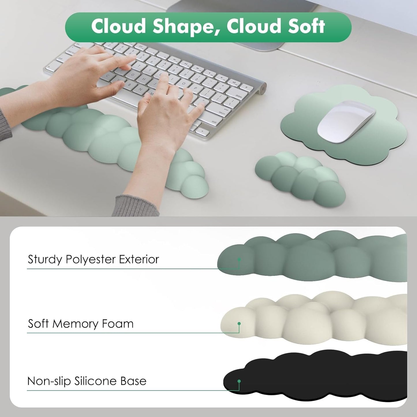 MoKo Cloud Wrist Rest, Ergonomic Cloud Keyboard Wrist Rest with Mouse Rest Wrist Pad, Durable Polyester Cloud Arm Rest Wrist Pad for Keyboard and Mouse for Office, Gaming, Computer, Laptop, Green
