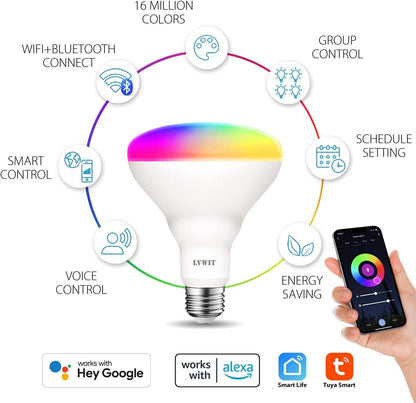 LVWIT Wi-Fi Smart Light Bulb Alexa, BR30 Smart LED, Work with Google Assistant, Smart Life App, Tuya App, 60W Equivalent, RGB Color Changing Light Bulbs (8.5W), No Hub Required, 2-Pack