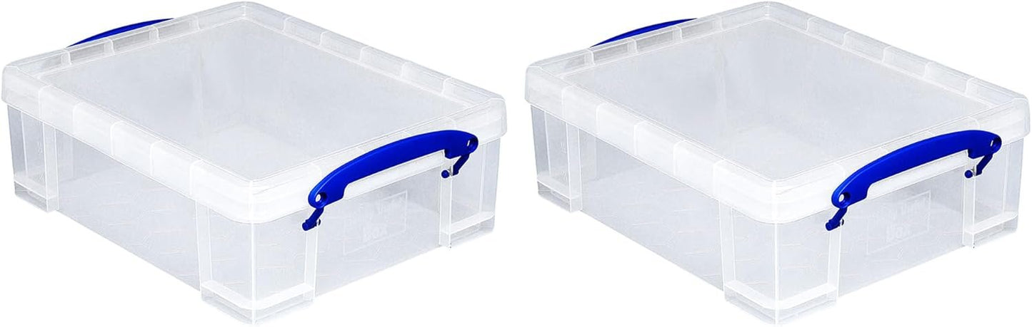 Really Useful Box Stackable 8.1 Liter Plastic Storage Container Bin with Snap Lid & Built-In Clip Lock Handles for Home & Office Organization (2 Pack)