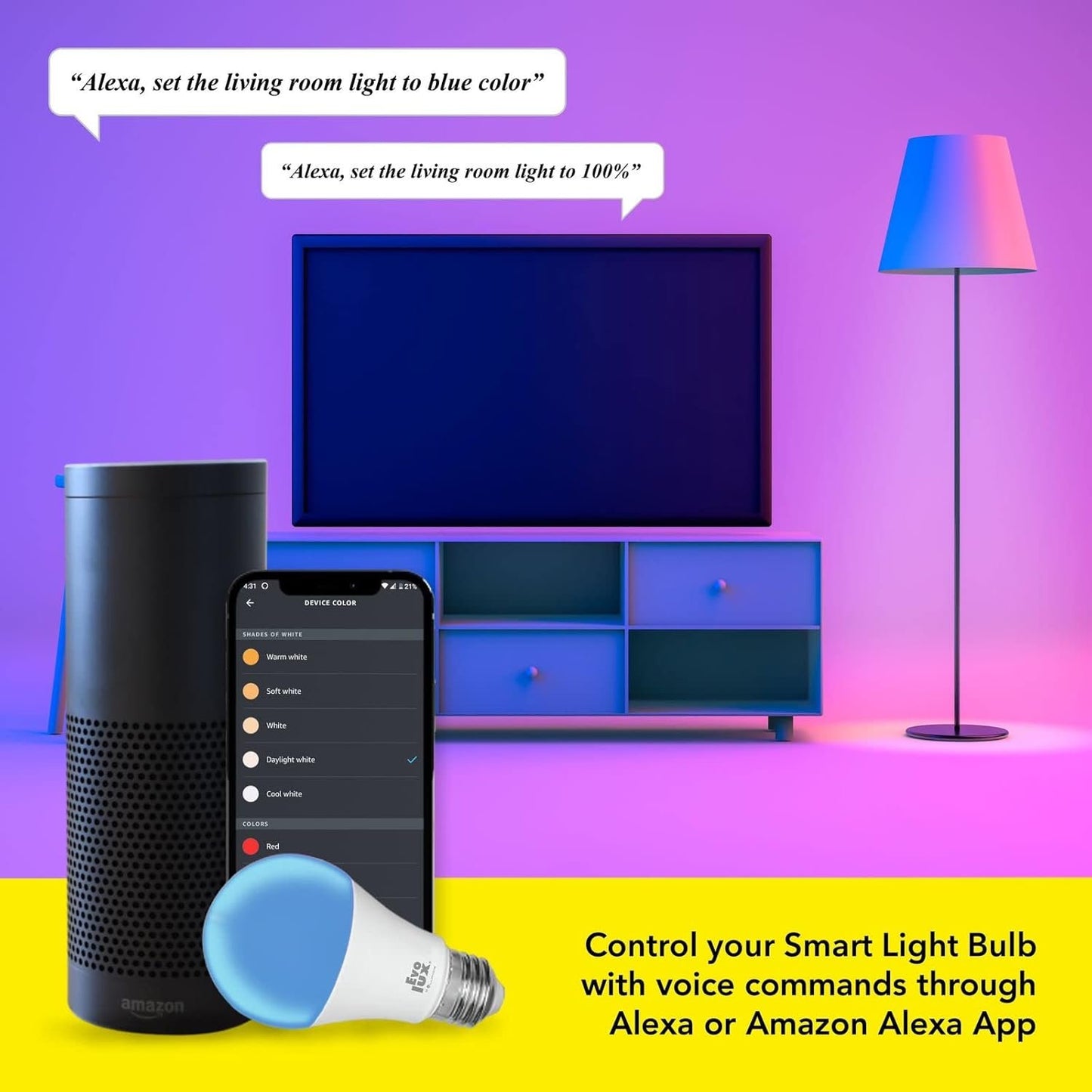 WiFi LED Dimmable Smart Light Bulb (E26) - Ampoule Intelligente - Smart Bulbs Alexa Compatible - Colour Changing, 806 Lumens - Energy Saver for 2.4 GHz Networks No Hub Needed - Warm & Cool White Light