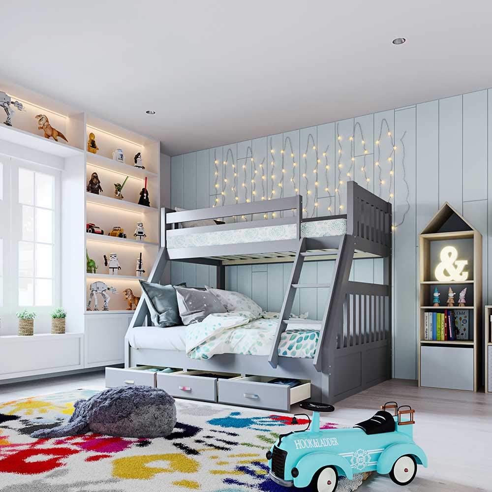 Solid Pine Timber Storage Triple Bunk Bed Frame Wooden Kids Bedroom Furniture