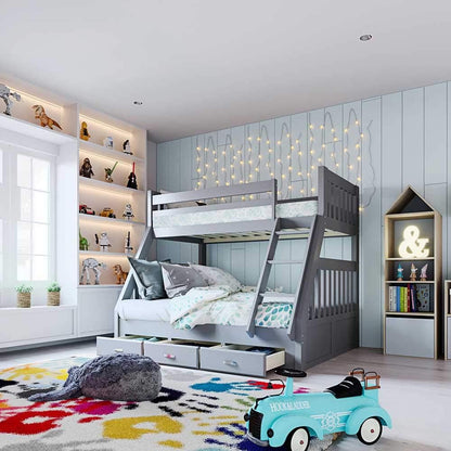 Solid Pine Timber Storage Triple Bunk Bed Frame Wooden Kids Bedroom Furniture