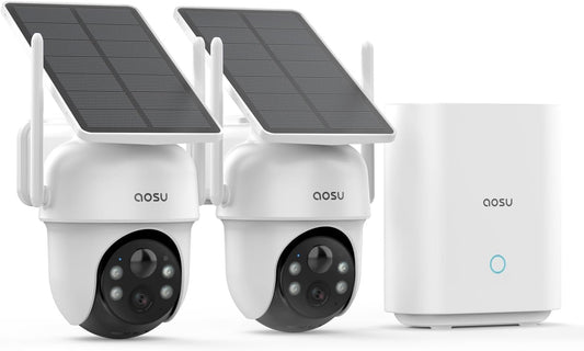 AOSU Security Cameras Outdoor Wireless, 2 Cam-Kit, No Subscription, Solar-Powered, Home Security Cameras System with 360Â° Pan & Tilt, Auto Tracking, 2K Color Night Vision, Easy Setup, 5G & 2.4G WiFi