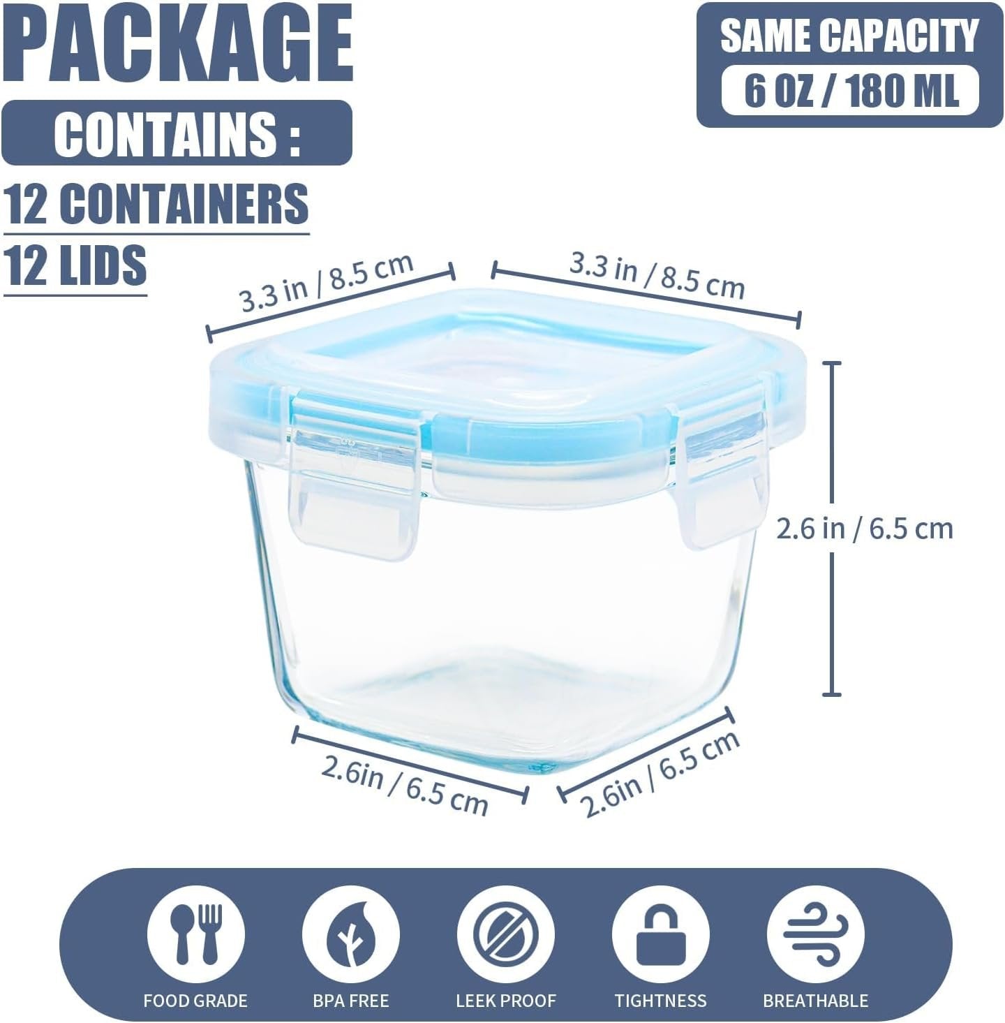 YOZOTI 12 Pack Small Glass Food Containers, 6oz Mini Meal Prep Containers with Lids, Airtight, Leakproof, Microwave, Freezer, Dishwasher Safe (Square)