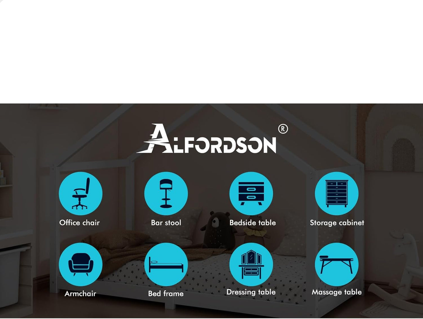 ALFORDSON Kids Bed Frame Wooden Timber House Frame Single Mattress Base Platform, Solid Pine Wood Bed Base Foundation Children's Beds, Nellie Series Bedroom Furniture (White w/o Guard Rail)