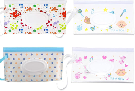 Baby Wipes Dispenser, 4 Pack Reusable Baby Wipe Holder Box, Refillable Baby Wipes Container Travel Wet Wipes Case with Reusable Wipes Pouch for Home