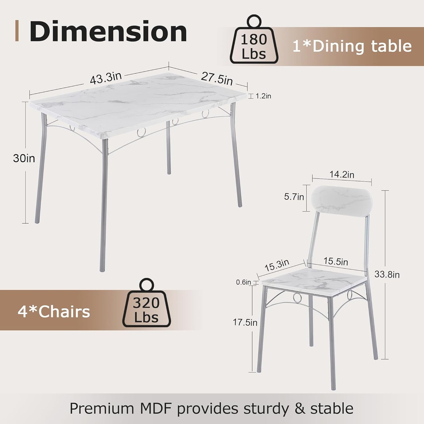 VECELO Dining Table Set for 4, 5-Piece Kitchen Table with 4 Chairs, MDF Board Tabletop with Metal Frame for Small Space, Compact Dinette, Breakfast Nook, White