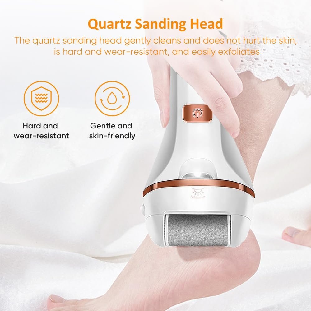 Electric Callus Remover for Feet | Rechargeable Foot File, Electric Foot Scrubber | 18 Piece Pedicure kit for Cracked Heels & Dead Skin with 3 Roller Heads By Quantum Lux (Rose Gold)