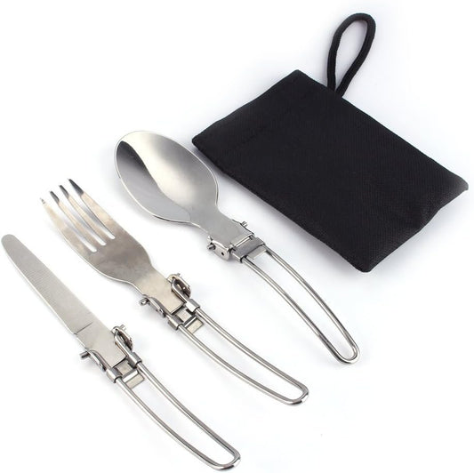 Camping Utensils, Stainless Steel Portable Camping Picnic Folding Cutlery Set with Bag for Outdoor Camping Backpacking Travel Lunch