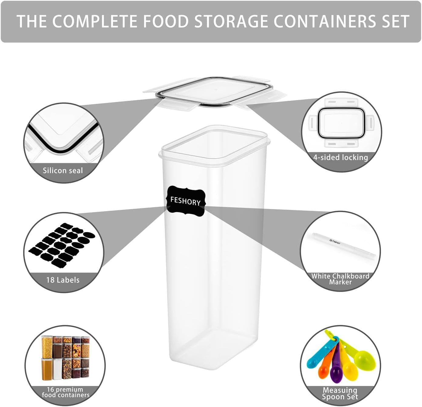 Feshory 16 Pack Airtight Food Storage Containers Set for Kitchen & Organisation - Pantry Storage Organiser, Cereal Storage Containers with 100% Leak-Proof Lids Ideal for Dry and Wet Food