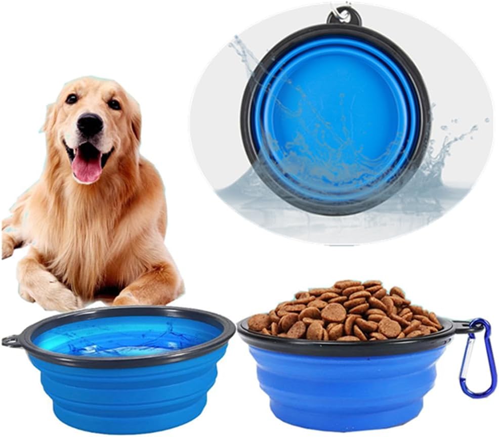 Collapsible Dog Bowl, 2 Pack Dog Bowl, Pet Collapsible Bowls, Collapsable Dog Water Bowls for Cats Dogs, Portable Pet Feeding Watering Dish for Walking Parking Traveling with 2 Carabiners (Blue)