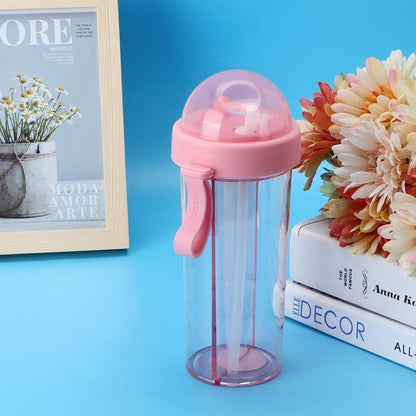 600ml Dual Use Water Bottle, Two Straws Double Drinking Bottle Split Drinking Cup Two Sided Cup with Divider Daily Water Intake Bottle for Home Outdoor Camping Sport