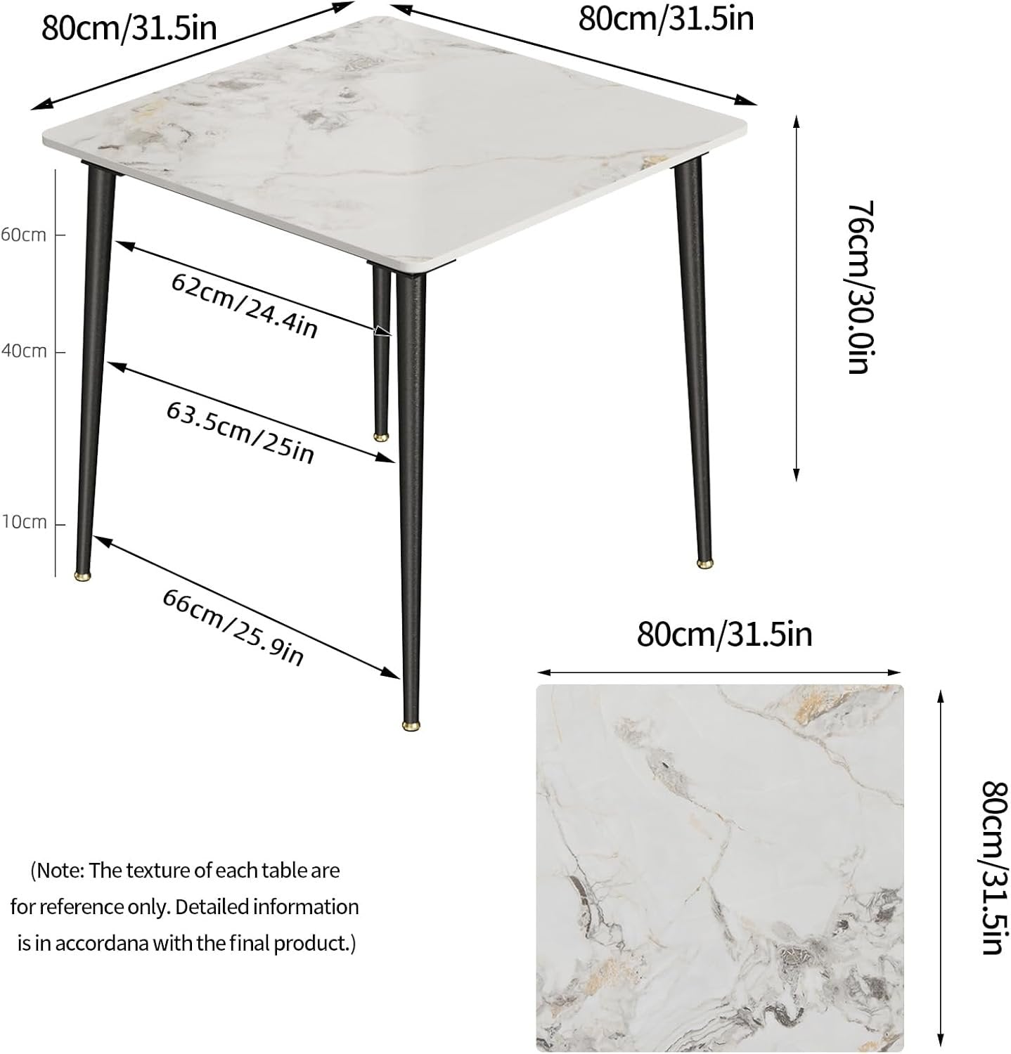 Kitchen Dining Table Square 32 Inch: Modern Sintered Stone Marble Effect Table Top with Tapered Metal Legs 4-Seat Breakfast Table for Dining Room, Restaurant, Living Room Furniture, 32 x 32 x 30 Inch