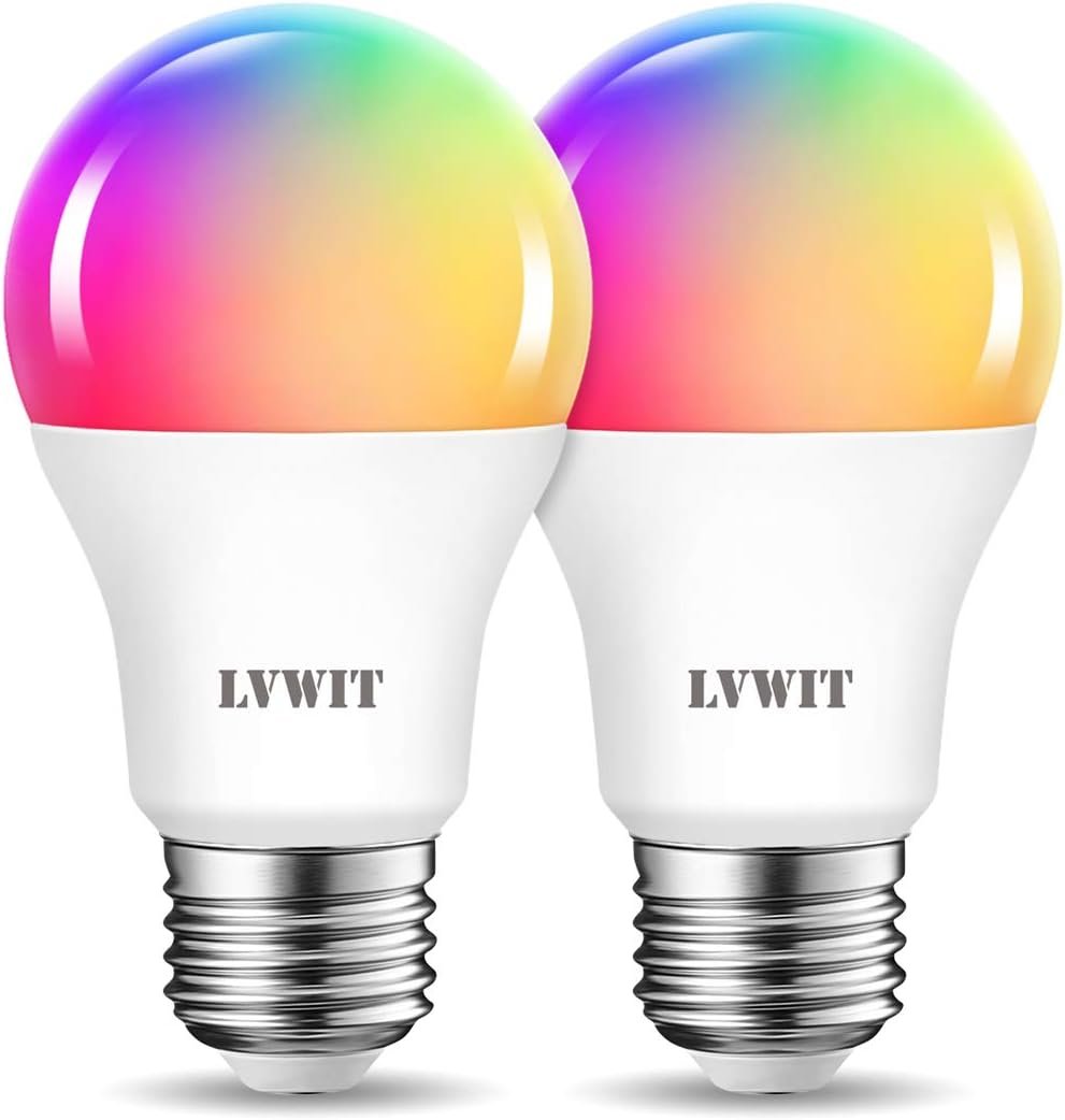 Smart Light Bulb 2 Pack, LVWIT A19 Smart LED, Work with Alexa, Google Assistant, Smart Life App, Tuya App, 8.5W (60W Replacement), 2700K-6500K, E26 RGB Color Changing Bulb, No Hub Required