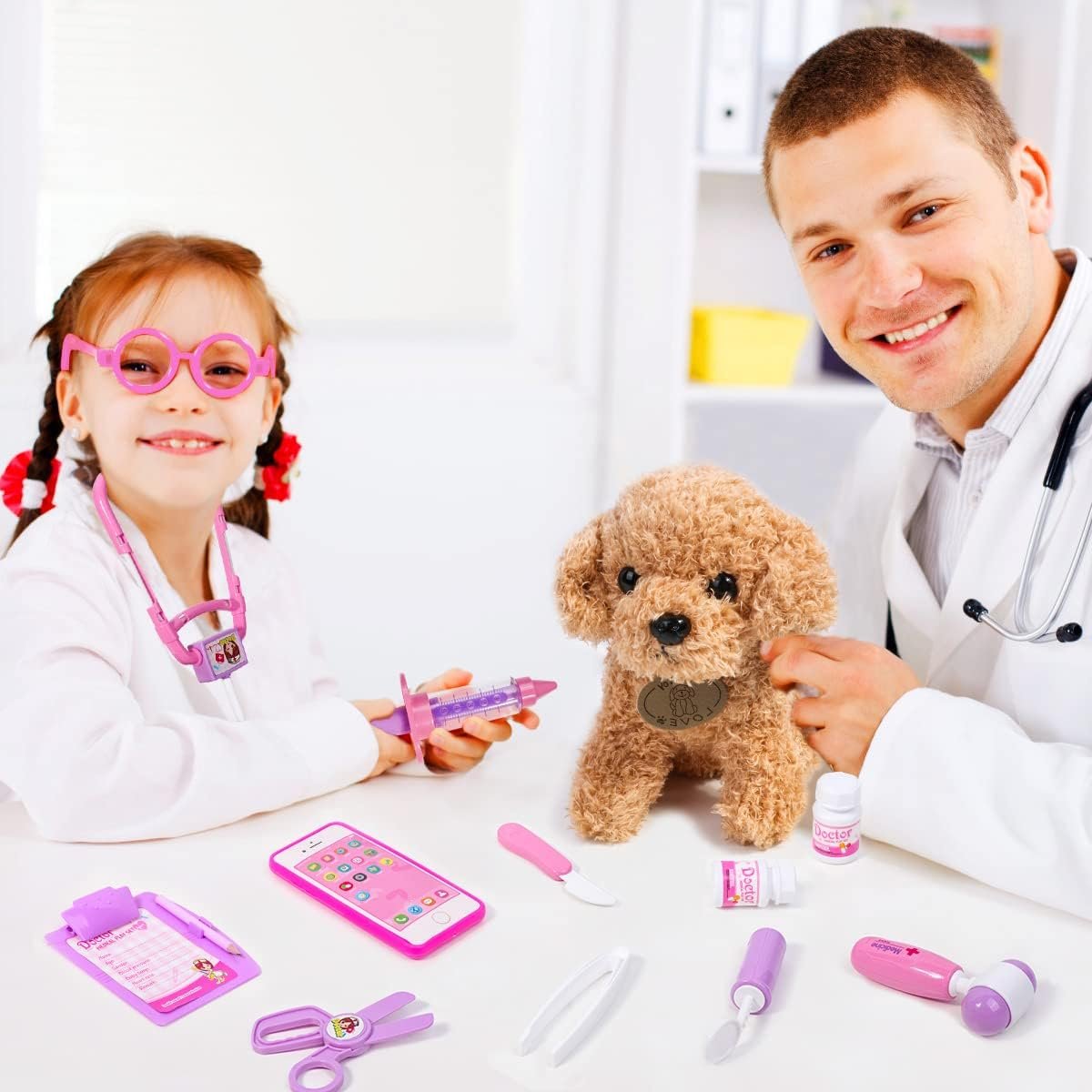 Meland Doctor Kit Kids, Kids Doctors Play Set with Dog Toy & Doctor Costume, Pretend Play Pet Vet Toys for Aged 3 4 5 6 Years Old Girls