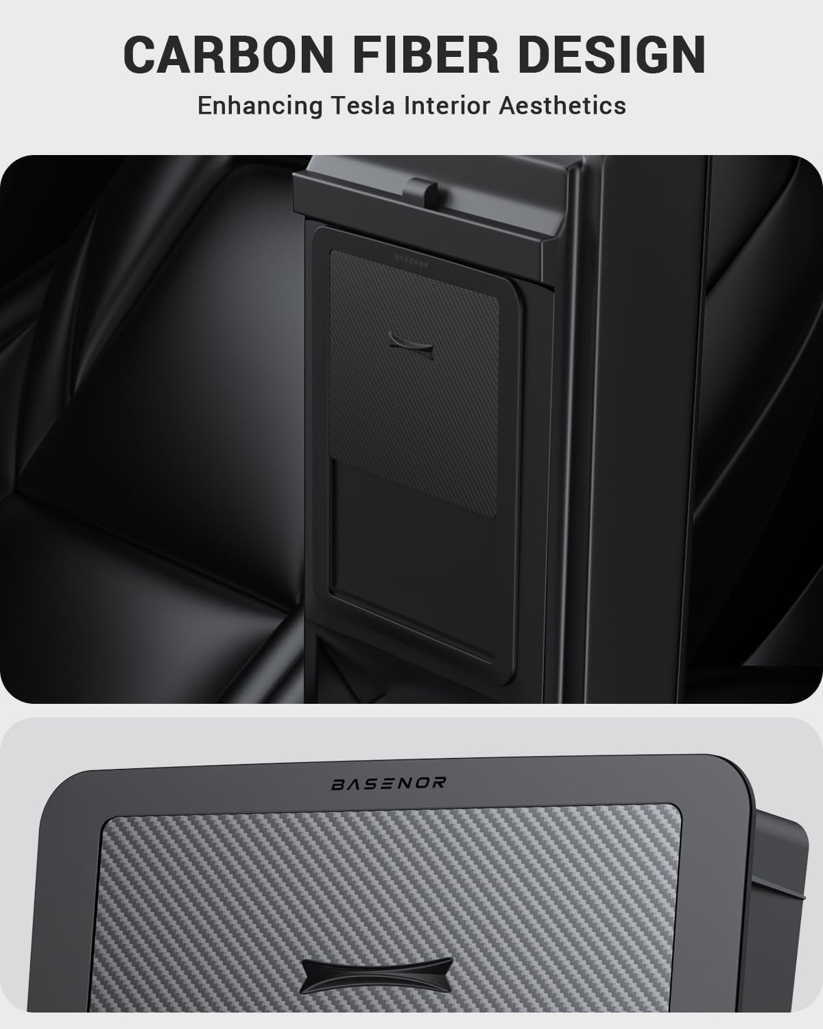 BASENOR 3PCS Tesla Model Y Center Console Organizer [Carbon Fiber Edition] Armrest Hidden Storage Box, Custom for Model Y 2021-2024 Tesla Model 3 2021-2023, Tesla Interior Accessories