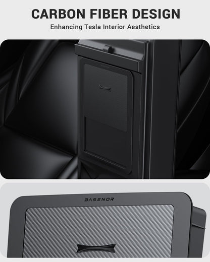 BASENOR 3PCS Tesla Model Y Center Console Organizer [Carbon Fiber Edition] Armrest Hidden Storage Box, Custom for Model Y 2021-2024 Tesla Model 3 2021-2023, Tesla Interior Accessories