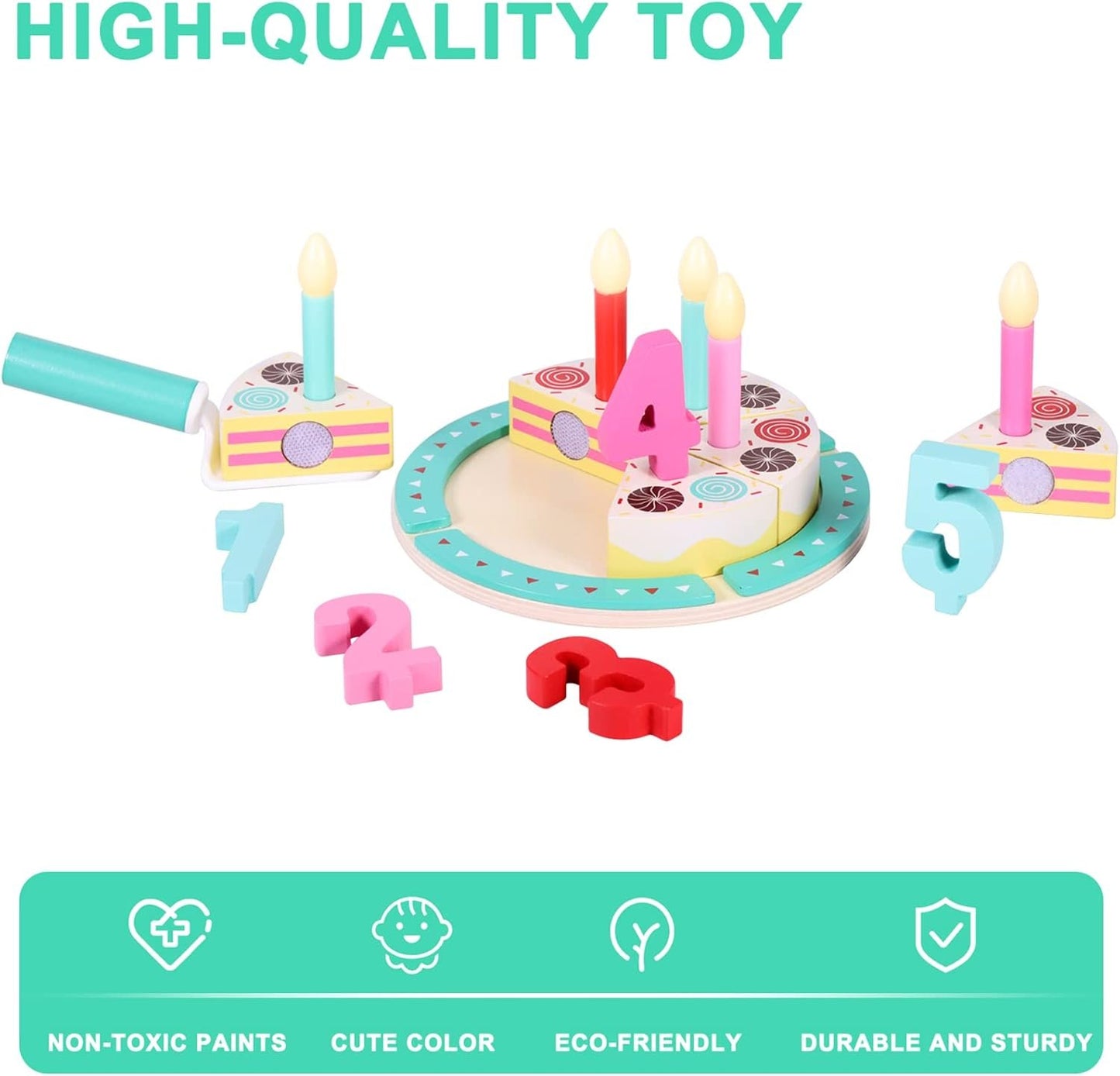 Inhahland Birthday Cake Cutting Toys, Wooden Play Food Set for Kids Toddlers, Pretend Play Kitchen Toys for Boys Girls