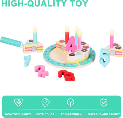 Inhahland Birthday Cake Cutting Toys, Wooden Play Food Set for Kids Toddlers, Pretend Play Kitchen Toys for Boys Girls