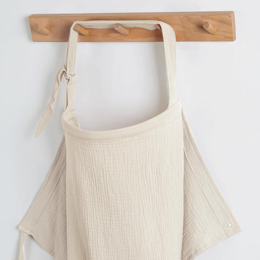 Breathable Muslin Nursing Cover for Breastfeeding, Soft Cotton Multi-Use Breastfeeding Apron with Adjustable Hoop Neckline, Portable Storage Pocket Windproof Straps