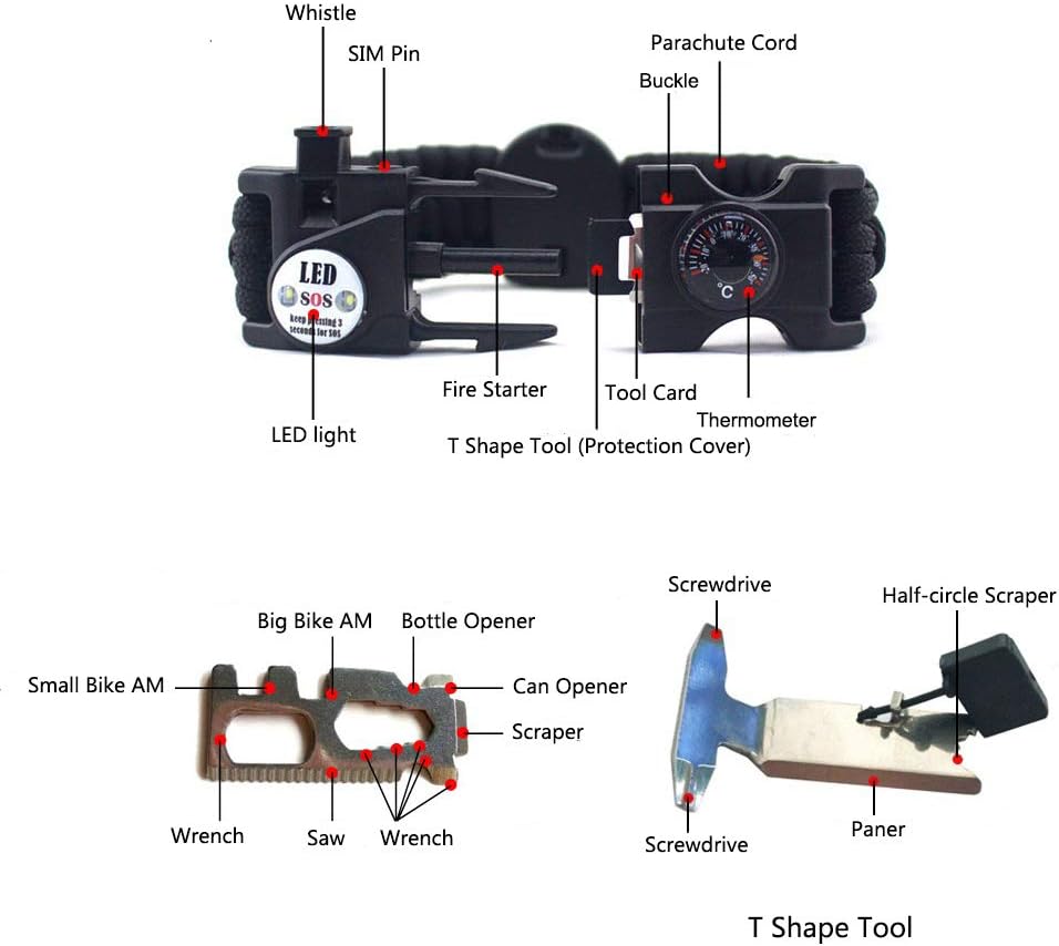 21 in 1 Survival Bracelet, 7 Core Paracord Emergency Sports Wristband Gear Kit Waterproof Compass, SOS LED Light, Thermometer, Rescue Whistle, Fire Starter Multi-Tool Wilderness Adventure Accessories, Nylon