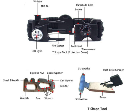 21 in 1 Survival Bracelet, 7 Core Paracord Emergency Sports Wristband Gear Kit Waterproof Compass, SOS LED Light, Thermometer, Rescue Whistle, Fire Starter Multi-Tool Wilderness Adventure Accessories, Nylon