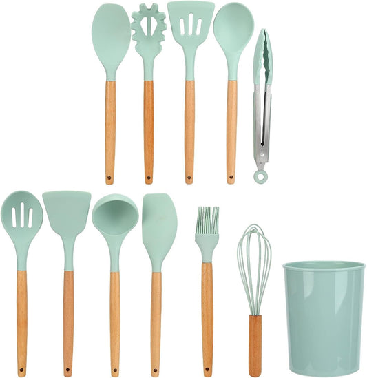 ZPSHYD Set di utensili da cucina in silicone con manici in legno, 12 pezzi gadget da cucina, verde chiaro, include spazzola per olio, cucchiaio antiaderenteForniture da cucina per la casa