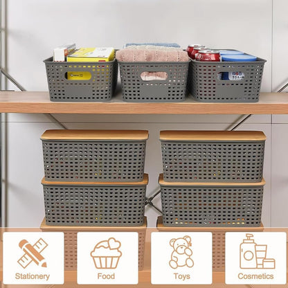 6 pcs Storage Bins with Bamboo Lids - Plastic Storage Containers with Lids Stackable Storage Box Baskets for Organizing Shelves Drawers Desktop Closet Office