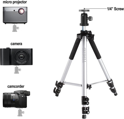 SKERELL Projector Stand, Universal Laptop Stand, Aluminum Alloy Tripod with Tray and Ball Head, Carrying Bag, Adjustable Height from 17 to 48 Inch (Silver)