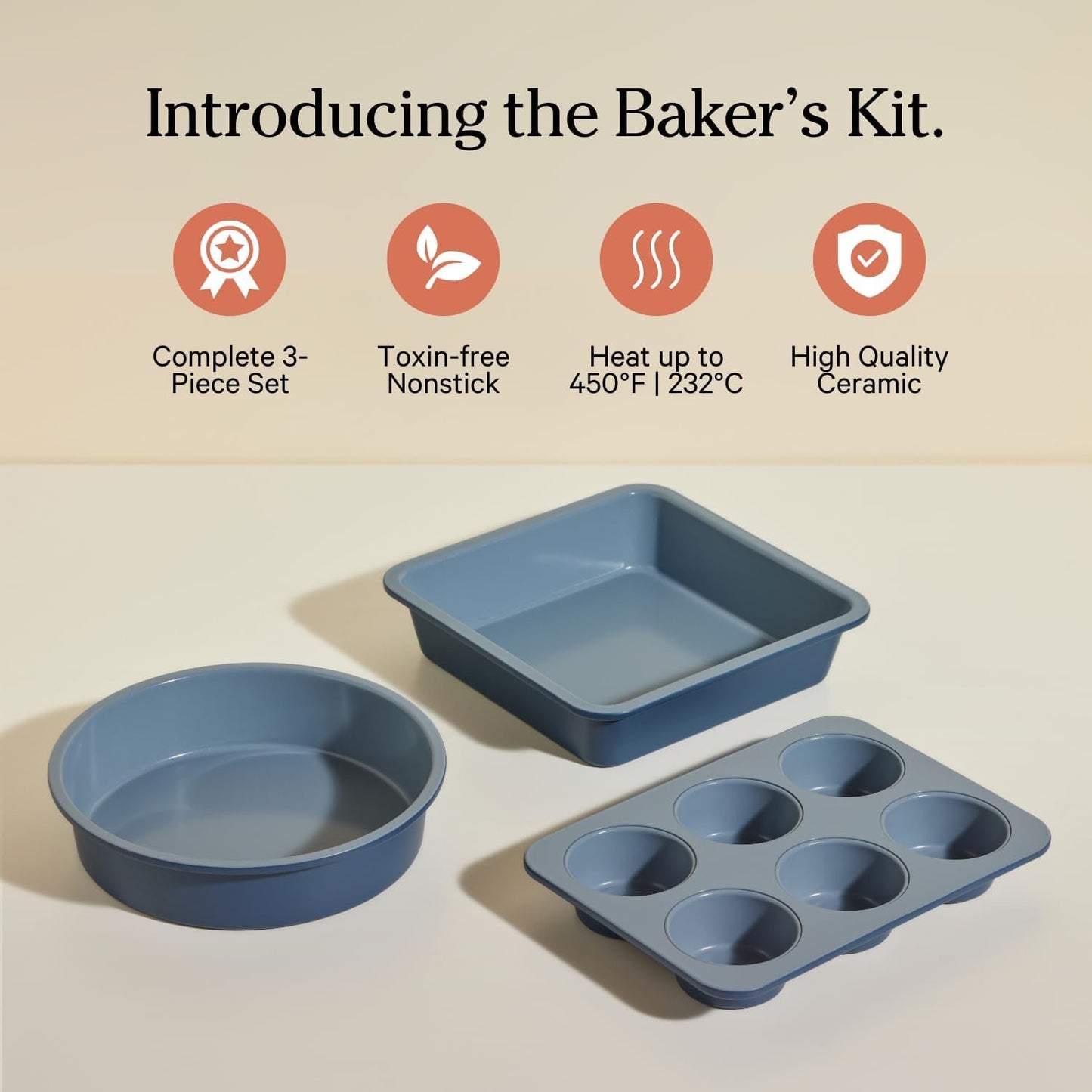 Our Place Wonder Oven Baker’s Kit – 3-Piece Toxin-Free Ceramic Nonstick Bakeware Set (20cm Round, 20cm Square, 6-Cup Muffin Pan) - Oven-Safe up to 232°C - Blue Salt